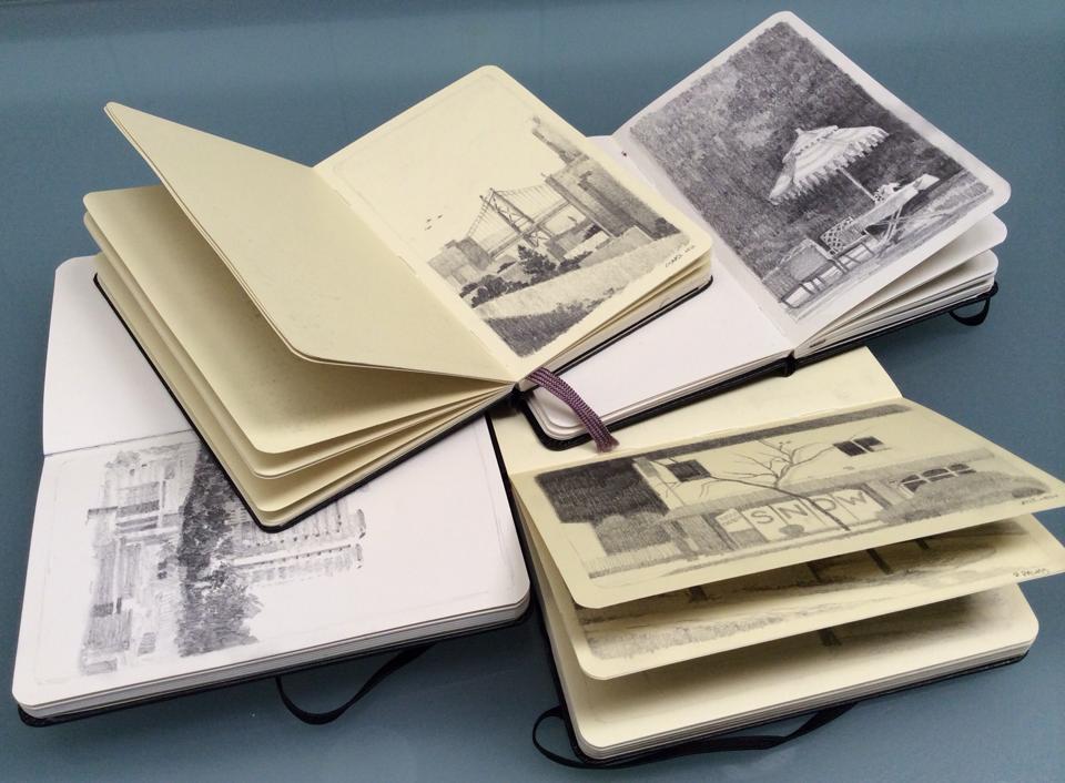 Some of John's sketchbooks: due for publication as an art book in "two or three sketchbooks' time".