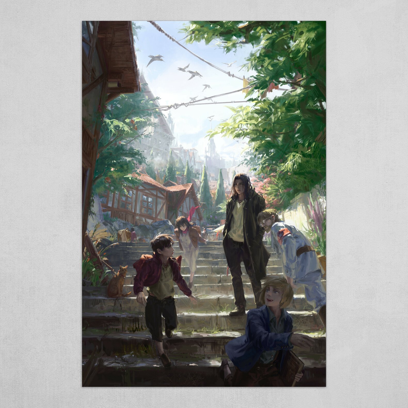 Five youths running on steps