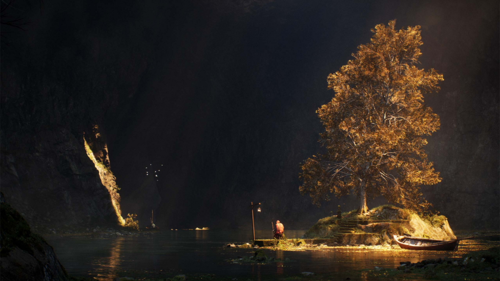 Moody shot of an island with a single tree on it.